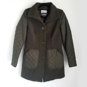 Kensie Quilted Faux Fur Jacket Womens XS Button Front Dark Olive Green